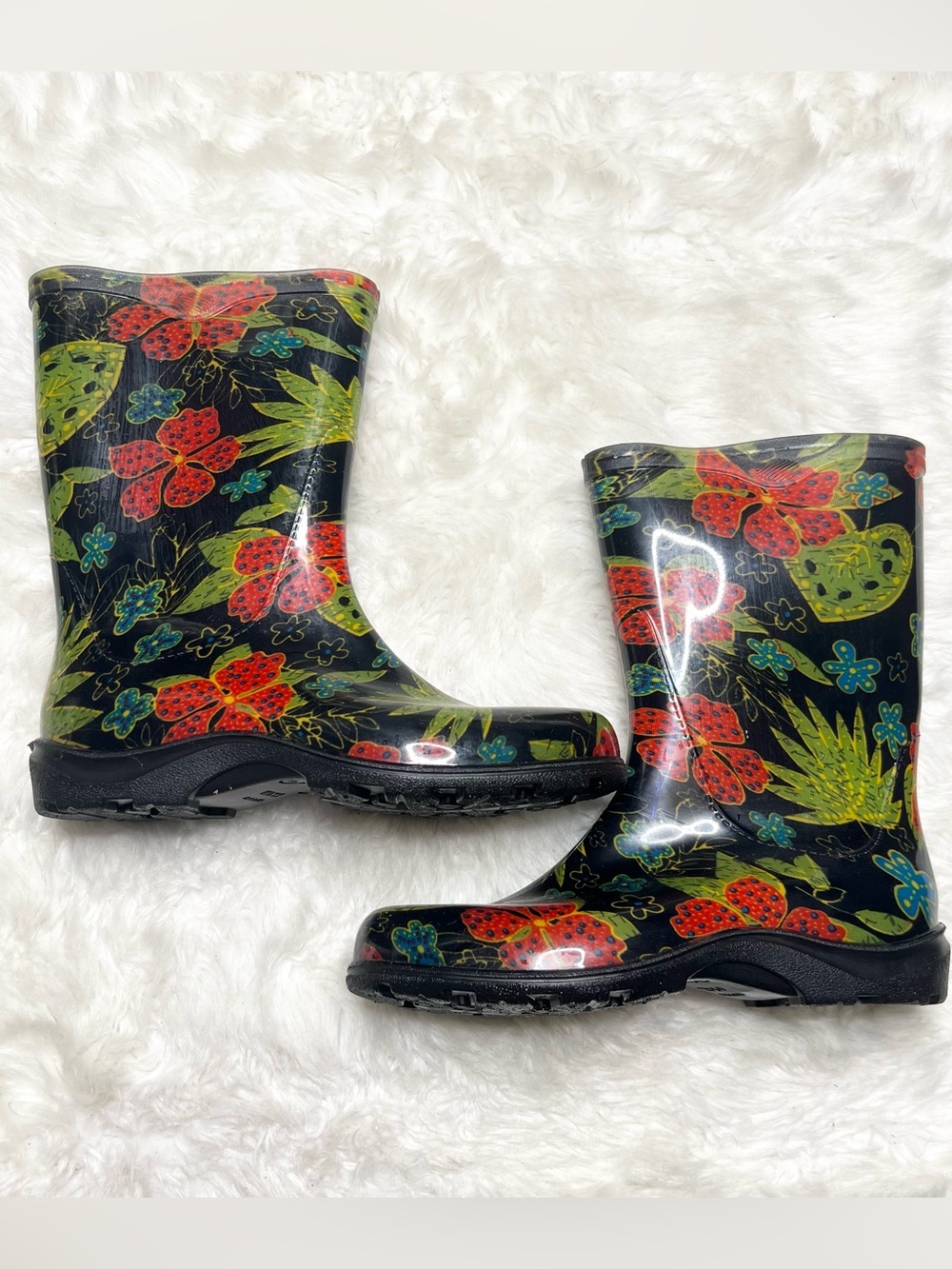 SLOGGERS Black Red & Green Floral Rain & Garden Waterproof Ankle Boots Size 9